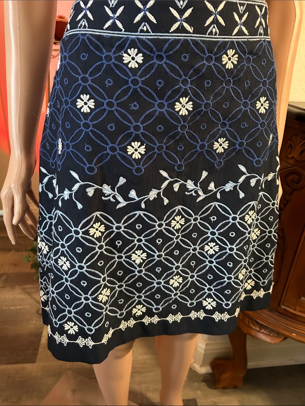 LOFT Navy Skirt with Light Blue & White Embroidery